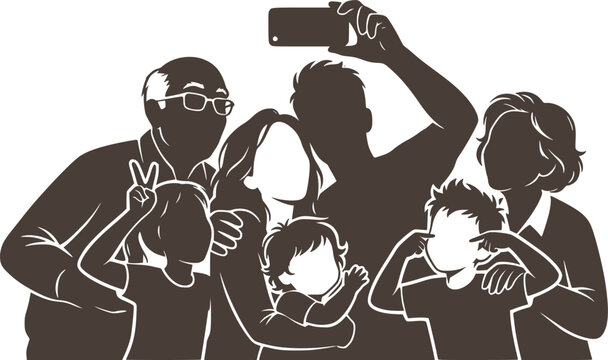 Multi Generational Family Taking Silly Group Selfie Silhouette. Modern Happy Family Dynamic Portrait Vector Isolated on White Background.