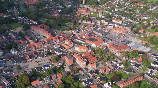 A panorama aerial view of the city Aars in Denmark on a sunny afternoon in summer.