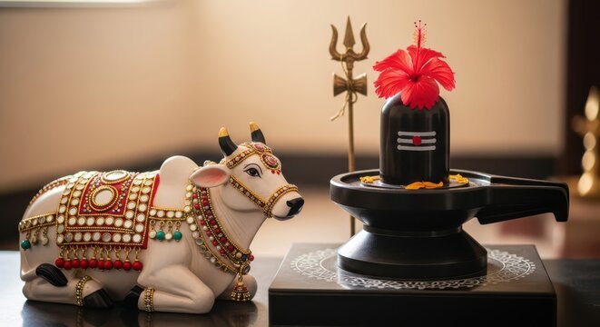 Decorative Nandi bull statue sitting near a black Shiva Lingam with a trident