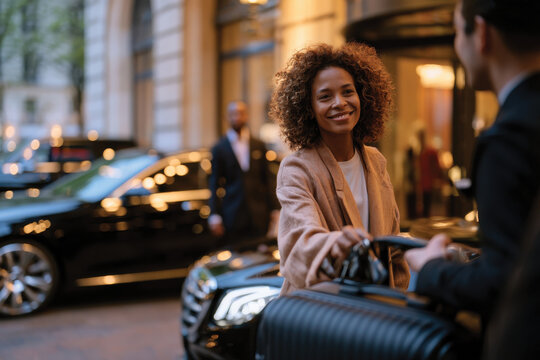A cheerful woman interacts with a hotel concierge outside, exuding hospitality and a welcoming atmosphere that encapsulates luxury travel experiences.