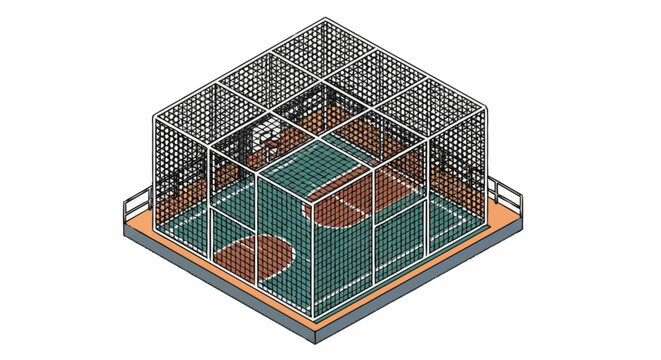 Isometric view of a caged basketball court, symbolizing confinement and limited opportunities.