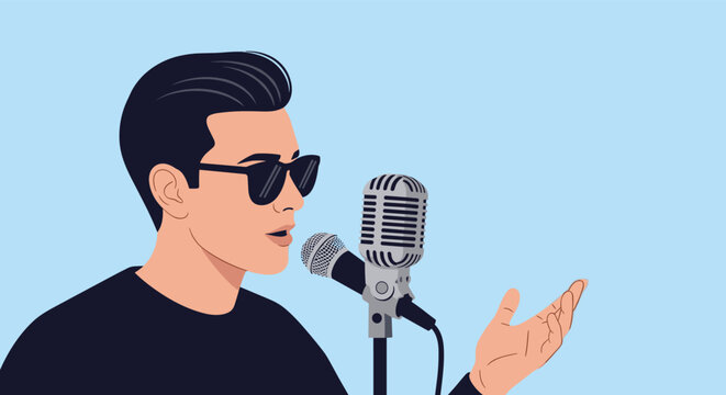 Cool male singer with sunglasses performing live on stage into vintage retro microphone against blue background.