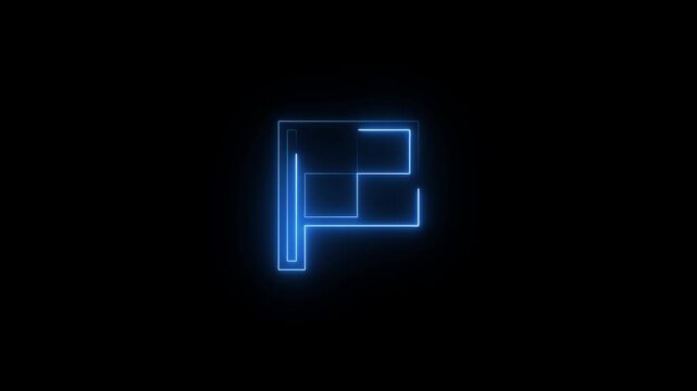 Neon glowing checkered flag icon on black background, racing finish line symbol, digital animation style