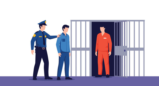 Police officer in uniform bringing a new arrested criminal to a prison cell with metal bars in cartoon style.
