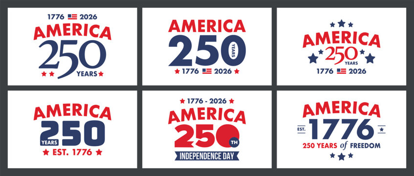 United States Semiquincentennial Logo Set with America 250 Years of Freedom and Independence Day Typography Designs celebrating 1776 to 2026 Anniversary