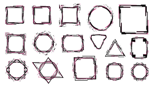Set of fifteen geometric scribble frames in black and pink glitch style isolated on a plain white background.