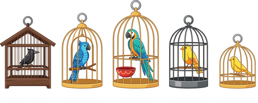 Birds in cages vector set featuring colorful parrots, canaries, and macaws trapped inside metallic, wooden, and golden birdcages isolated on white background.
