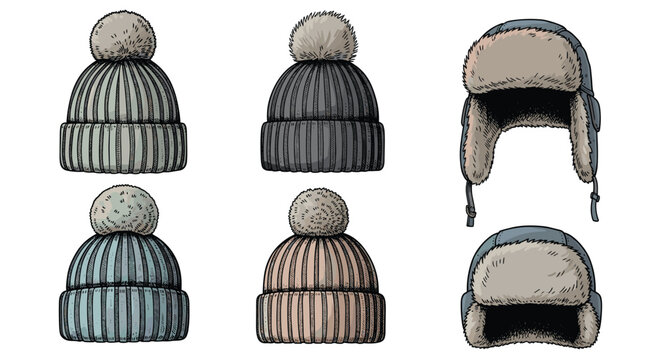 Engraving style drawings of various winter hats including beanies with pom poms and warm ushankas in different colors.