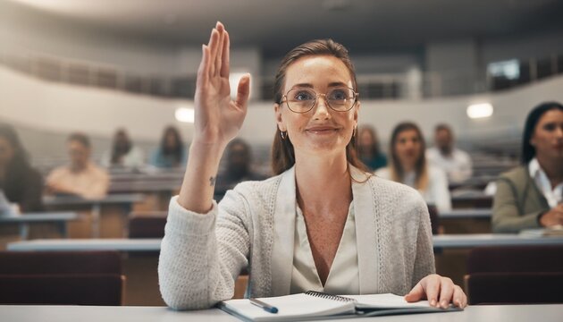 Female student raising hand in university lecture hall classroom