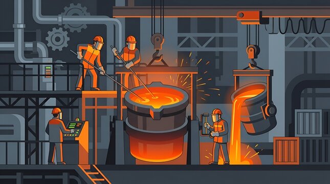 Industrial metal casting with molten lava, workers in factory, foundry