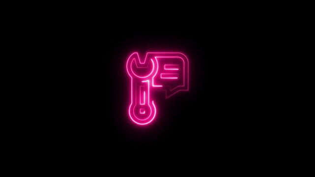 Neon glowing icon of a wrench combined with a speech bubble, representing technical support, customer service, or troubleshooting communication