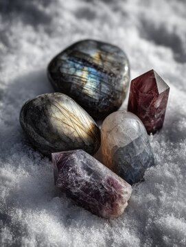 High resolution mystical crystal arrangement with Labradorite, Rutilated Quartz, Rainbow Moonstone, Arfvedsonite, and Lepidolite on snow or altar, spiritual healing and serene natural light