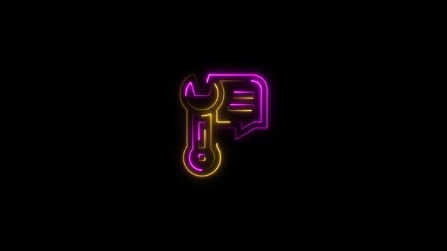 Neon glowing icon of a wrench and a speech bubble on a black background, representing technical support, customer service, or troubleshooting communication