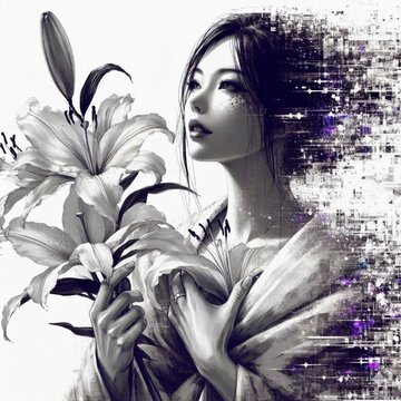 百合の花を抱く和装女性