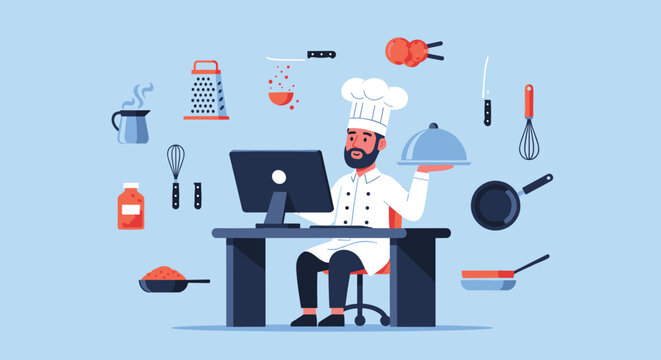 Professional chef sitting at a desk and using a computer surrounded by floating cooking utensils and food.