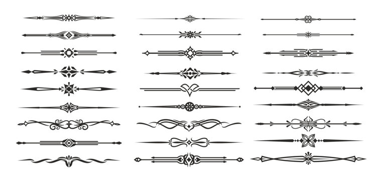 Vintage decorative ornament dividers or border frames. Vintage vector separator decorations with elegant swirls, flowers and geometric patterns. Floral center, abstract flourish dividers embellish set