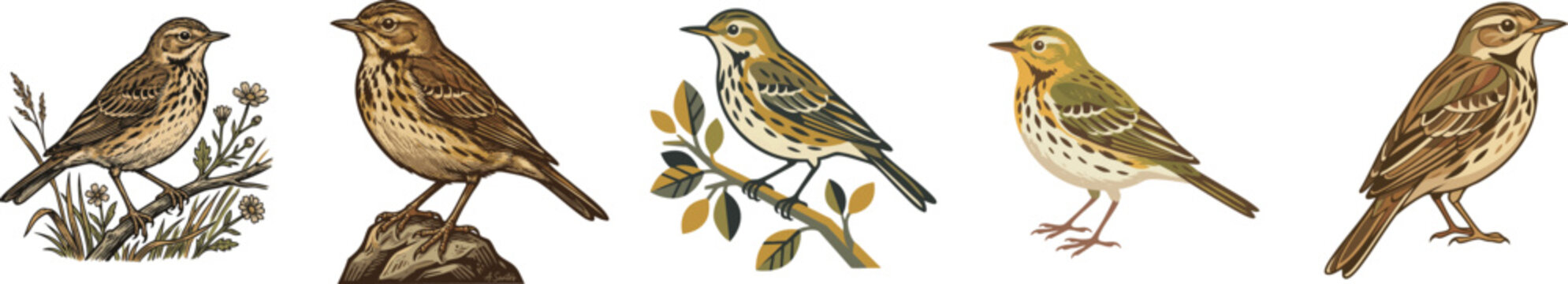 pipit bird, from artworks, vector set illustration isolated on white.