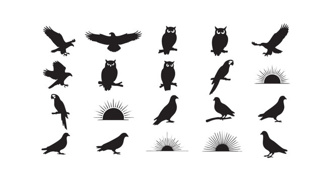 Diverse collection of animal silhouettes including eagles owls parrots pigeons and sunrise symbols.