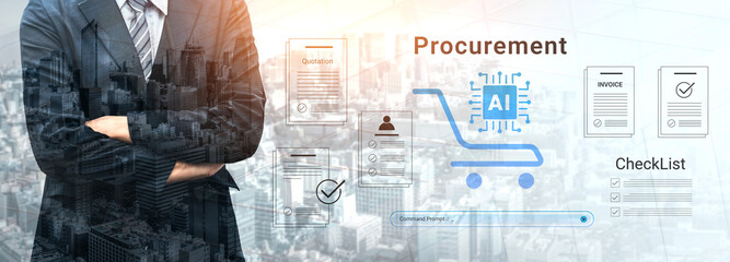 Obraz premium A professional businessman stands confidently before a city backdrop, showcasing digital procurement technology and AI solutions to enhance operational efficiency and streamline processes. Cyphers