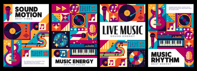 Music and sound party flyers and posters with with geometric mosaic pattern, retro instruments, vinyl records, microphones and keyboards, evoking rhythm, musical energy and live performance vibes © Vector Tradition