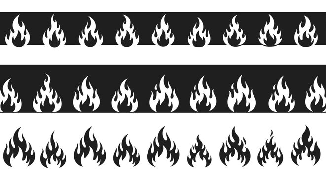 Stylized horizontal borders of black and white fire flames shown in three different beautiful repeat design patterns.