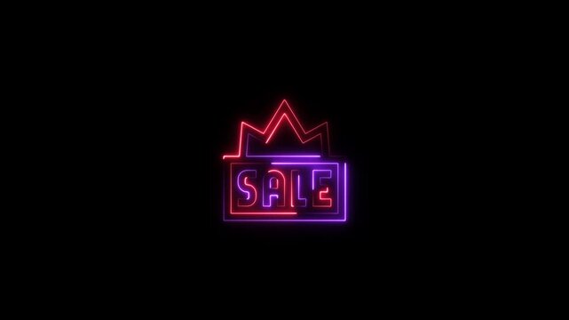 Neon sign with the word sale in a rectangular frame with a crown shape on top, glowing red and purple light against a dark background