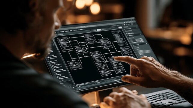 Software engineer pointing at a complex database schema diagram displayed on a modern computer monitor screen