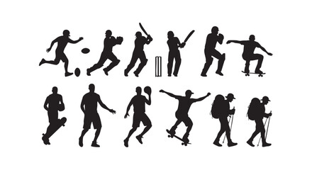 Obraz premium Diverse collection of sport activity silhouettes featuring skateboarders cricket players basketballers and hikers.