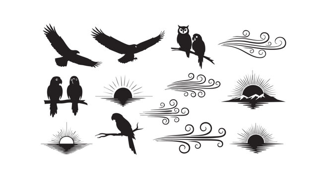 Diverse collection of vector silhouettes with flying eagles owls parrots and stylized nature elements like wind and mountains.