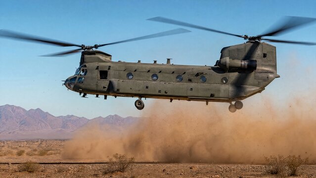 rotor. A military helicopter hovering in a desert, rotor downwash stirring up dust. mobility guides, transit brochures, designed for mobility and urban transit guides, used by web designers.