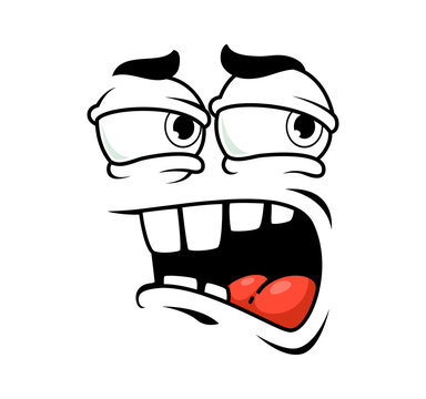 Funny cartoon face showing furious and outraged emotion. Comic emoji character with heavy squinting eyes, deep furrowed brows and wide screaming mouth with teeth and red tongue. Anger emotion for game