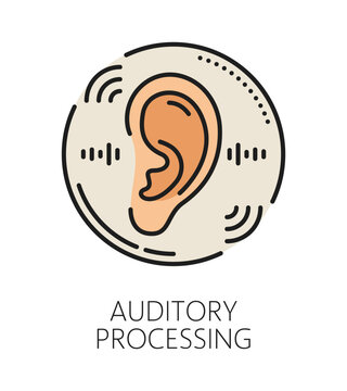 Kids auditory processing cognitive ability color line icon or label. Cognitive ability line vector icon, mental capability sign. Brain function improvement pictogram with human ear and sound waves