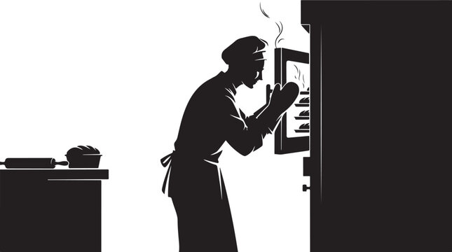Silhouette of chef taking food out of oven, kitchen cooking