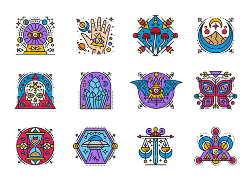 Esoteric mystic tarot card line symbols, boho tattoo spiritual signs. Crystal ball with all seeing eye, palmistry hand, mushrooms. Crescent moon, skull, crystals, and butterfly, hourglass, ufo, scales