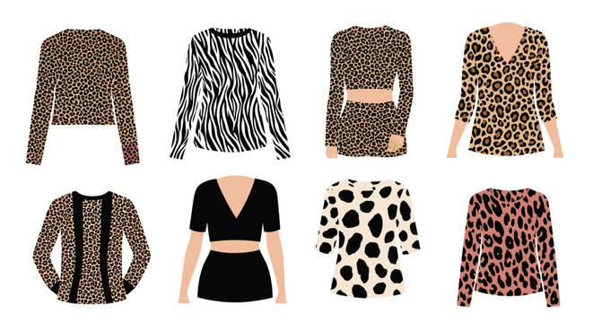 Set of female fashion apparel with animal skin patterns including leopard zebra and cow print designs in vector.