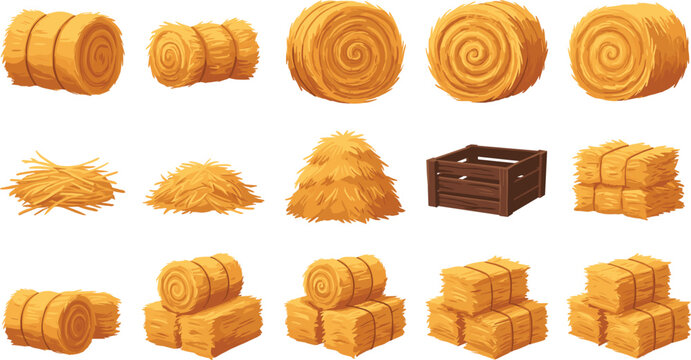 Hay bales and straw stacks vector set featuring round rolls, square bales, loose hayricks, and a wooden crate for agricultural and farming design elements.