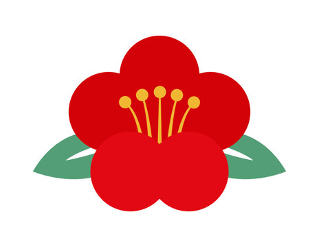 Red plum flower symbol, Japanese New Year icon. Asian blossom or bloom with five rounded petals, yellow stamens and green leaves, conveying festive Japan seasonal celebration and holiday traditional