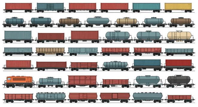 Collection of different railway cargo trains carriages and locomotive in side view vector illustration.