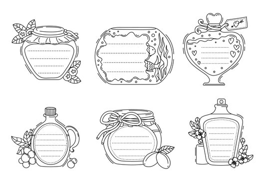 Jar and jug kids memo note frames. Outline vector aquarium, jar with blueberry jam, apricot confiture, glass bottles with love potion, olive oil and floral perfume. Kids memo notes for scrapbooking