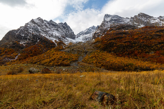 Beautiful autumn landscape of the Dombay-Ulgen Gorge in North Caucasus mountains