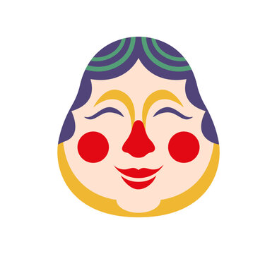 Smiling Otafuku face mask icon with red cheeks and closed eyes evoking joyful luck and celebration for Japanese New Year festival season. Female folk character symbol of happiness and Asian tradition