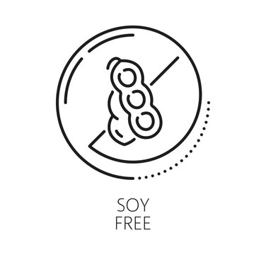 Soy free minimalist line art icon with soybean pod inside round no sign. Outline soy free emblem on white background for allergen ingredient warning, product packaging and soy intolerance labeling