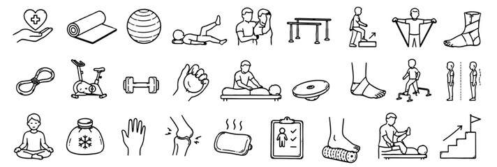 Fototapeta premium Simple wellness and rehabilitation icon collection showing exercise, therapy equipment, recovery activities, and physical healthcare.