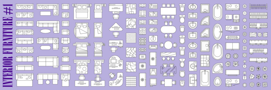 Interior and furniture top view floor plan icons showing living room, bedroom, kitchen and bathroom elements for architectural layouts and space planning with beds, sofas, chairs, tables and bathtubs