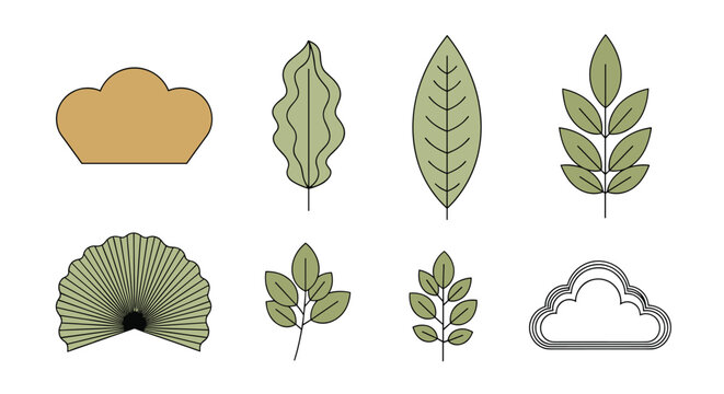 Set of minimalist botanical leaf designs and abstract organic shapes in earthy green and ochre tones isolated on white background.