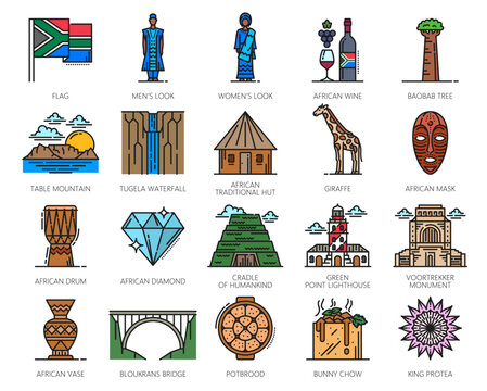 South Africa travel and culture line vector icons set. National symbols, landmarks, traditional clothing, food, animals, nature and heritage elements. Flag, people, architecture and famous places