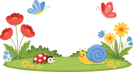 Cute Cartoon Garden Insects Vector Illustration with Snail Ladybug Butterflies and Flowers for Kids Book Nature and Spring Graphic Designs © ovi