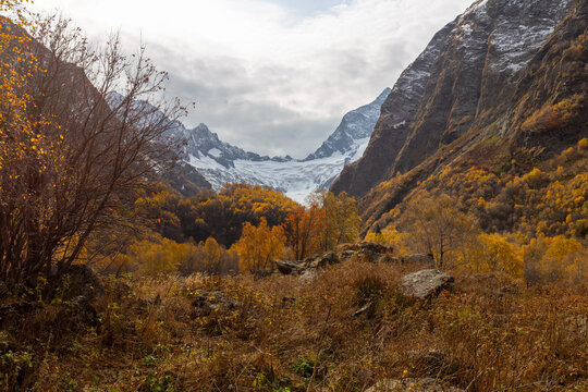Alpine landscape of the mountain gorge in the autumn, North Caucasus.