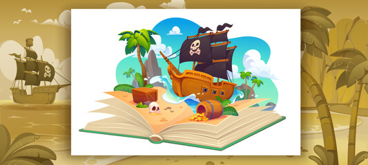Obraz premium Opened fairytale book with pirate sail ship and tropical treasures island in Caribbean sea. Cartoon pirate adventure book with open pages, ship with Jolly roger flags and gold coins treasures chest