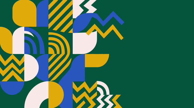 Geometric abstract pattern in mustard yellow, blue, and white on green background
